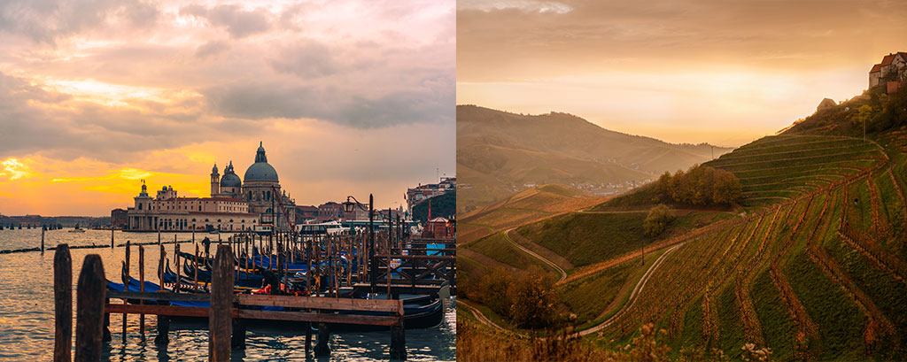 Immagine anteprima sezione Off Site Meeting : immagine divisa fra due panorami, la laguna di Venezia vista dal porto con un tramonto nuovoloso e un pendio collinare erboso all'imbrunire